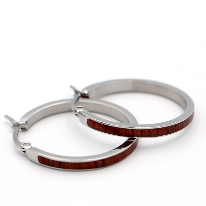 Koa Wood and Steel Hoop Earrings - Silver, Gold, or Rose Gold - Side View