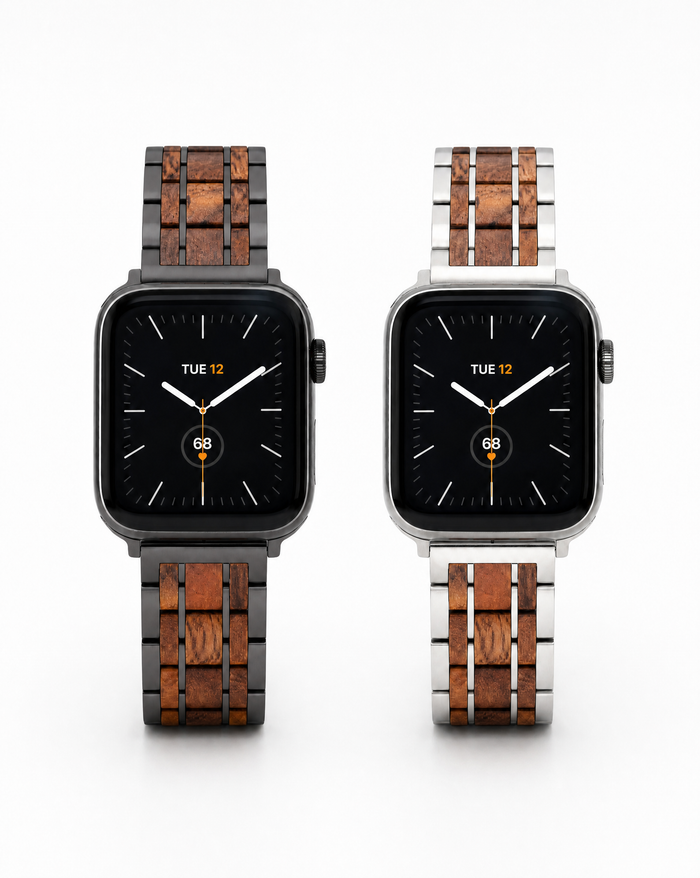 Koa Wood and Steel iWatch Band - Black or Silver Sport