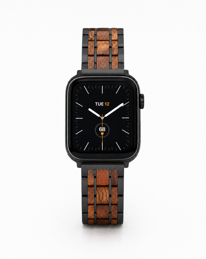 Koa Wood and Steel iWatch Band - Black or Silver Sport - Front View 1