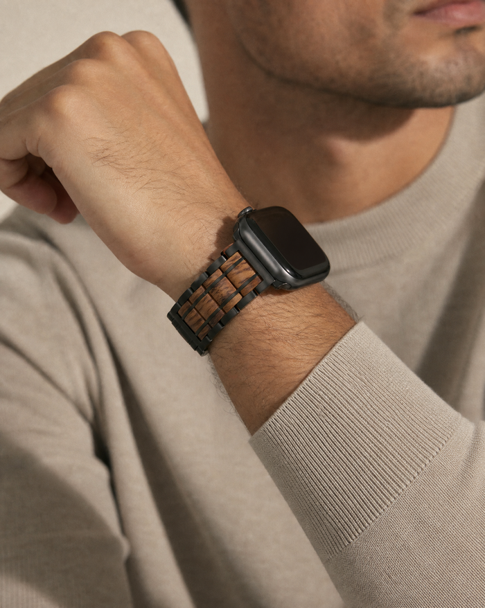 Koa Wood and Steel iWatch Band - Black or Silver Sport - Close-Up