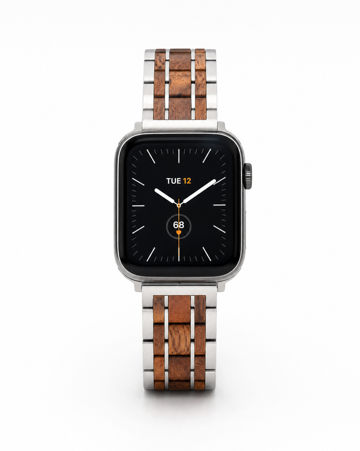 Koa Wood and Steel iWatch Band - Black or Silver Sport - Front View 2