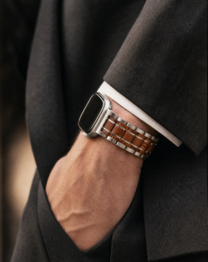 Koa Wood and Steel iWatch Band - Black or Silver Sport
