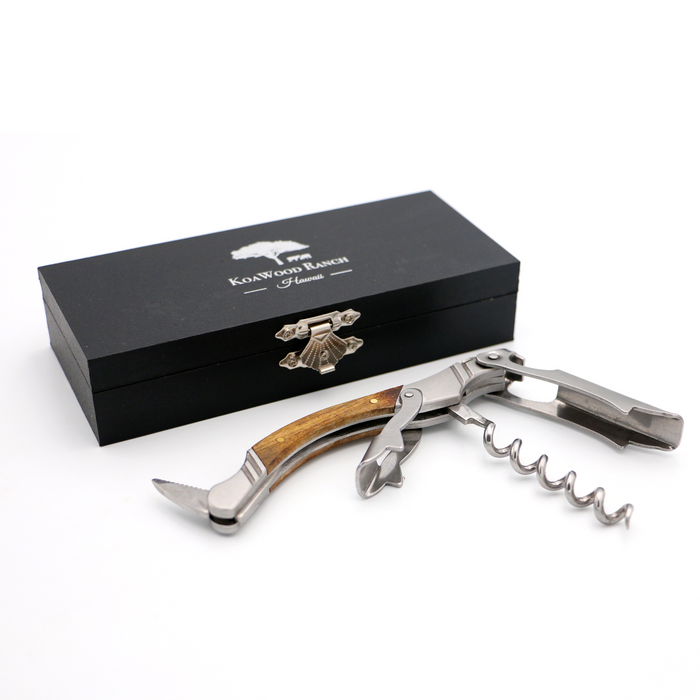 Koa Wood and Steel Waiterʻs Corkscrew Wine Opener - Open View