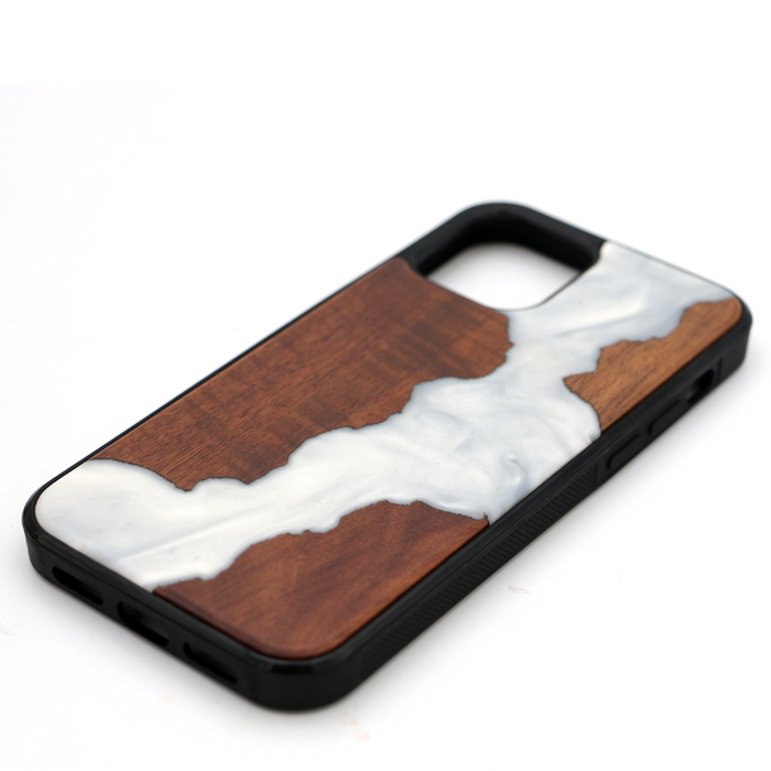 Koa Wood and White Resin Phone Case - Angled View 1