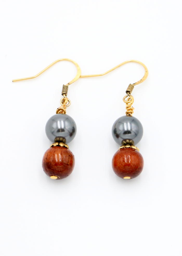 Koa Wood Bead and Pearl Earrings