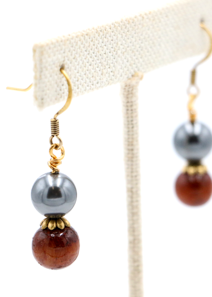 Koa Wood Bead and Pearl Earrings - Close-Up