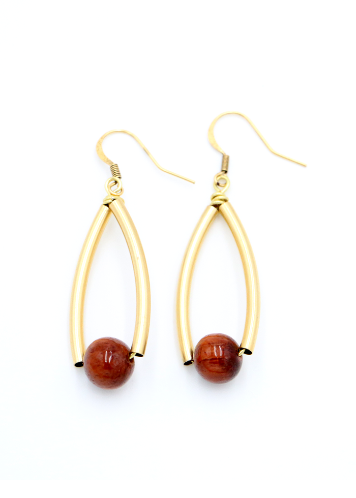 Koa Wood Bead with Curved Metal Earrings - Front View