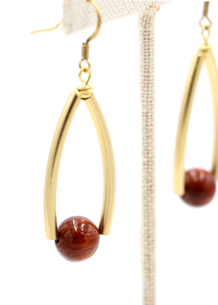 Koa Wood Bead with Curved Metal Earrings - Close-Up