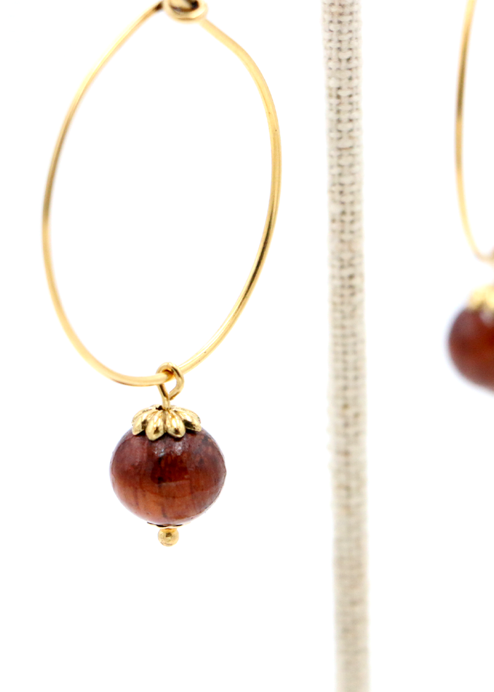 Koa Wood Bead with Wire Hoop Earrings - Close-Up