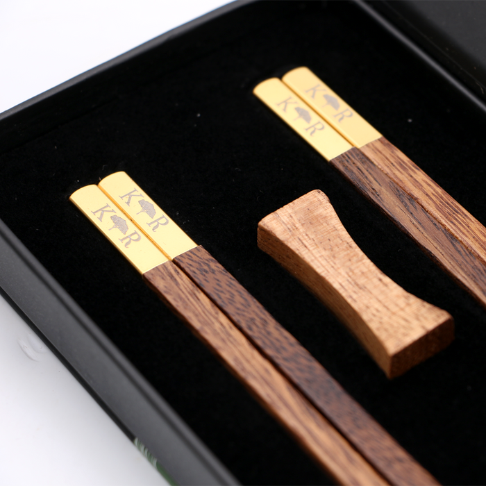 Koa Wood Chopsticks - Gold Accents - Close-Up