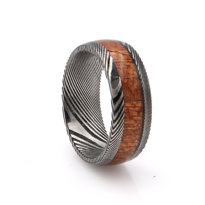 Koa Wood Damascus Steel Ring 8mm - Side View