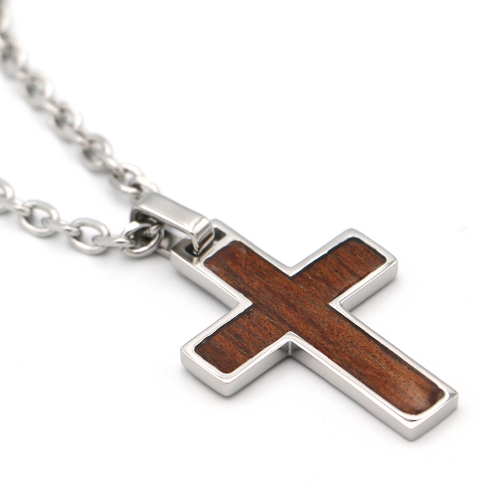 Koa Wood Inlay Cross - Stainless Steel - Side View