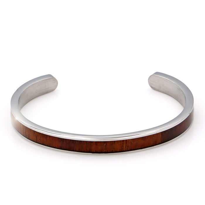 Koa Wood Inlay Stainless Steel Cuff - Front View