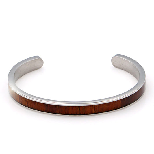 Koa Wood Inlay Stainless Steel Cuff - Front View