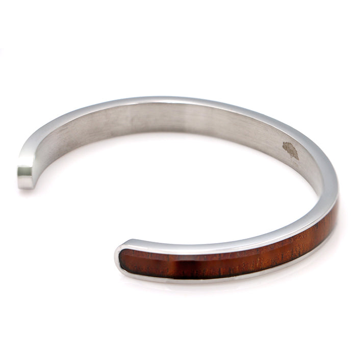 Koa Wood Inlay Stainless Steel Cuff - Side View 1