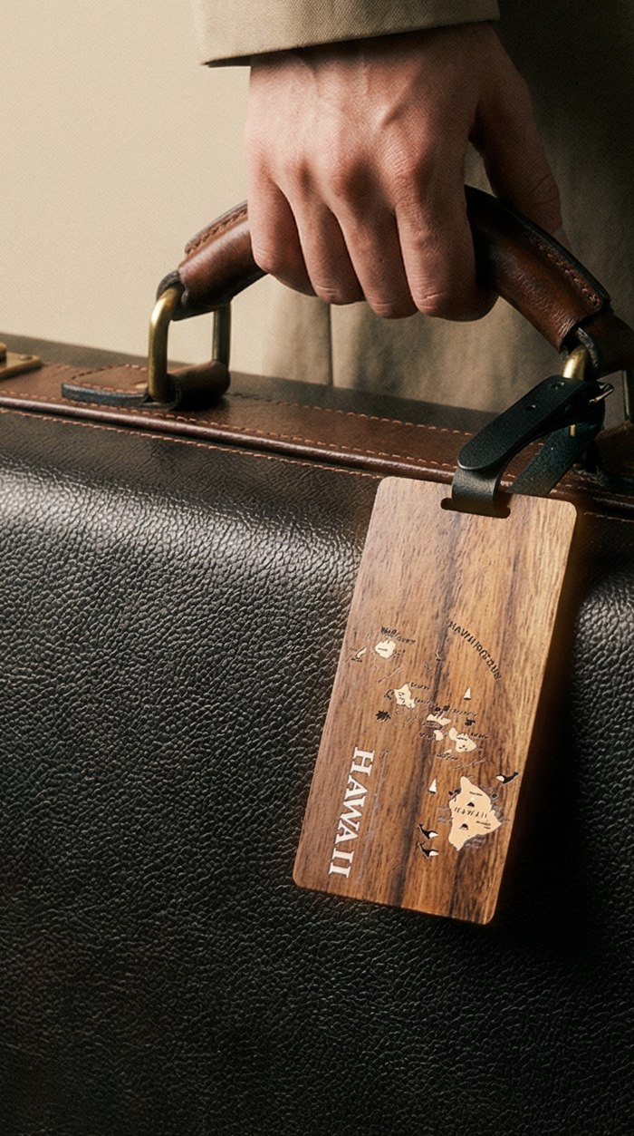 Koa Wood Luggage Tag - Hawaiian Islands Map