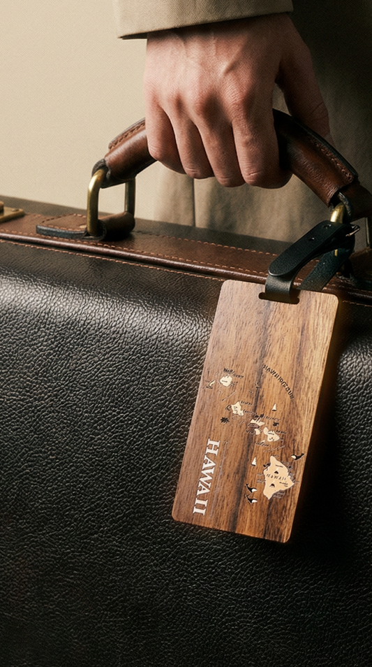 Koa Wood Luggage Tag - Hawaiian Islands Map