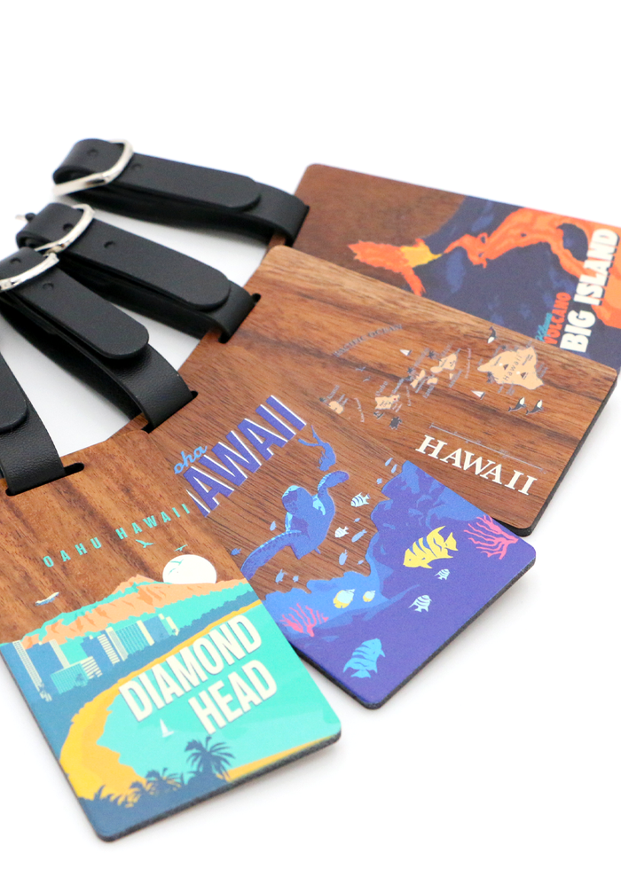 Koa Wood Luggage Tag - Hawaiian Islands Map