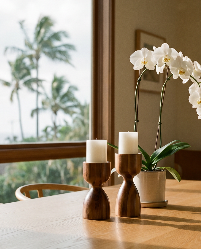 Koa Wood Pillar Candle Holder - Set of Two - Back View