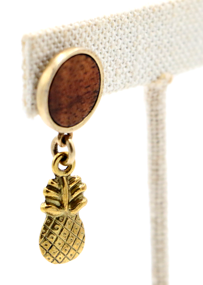 Koa Wood Post with Pineapple Earrings - Close-Up