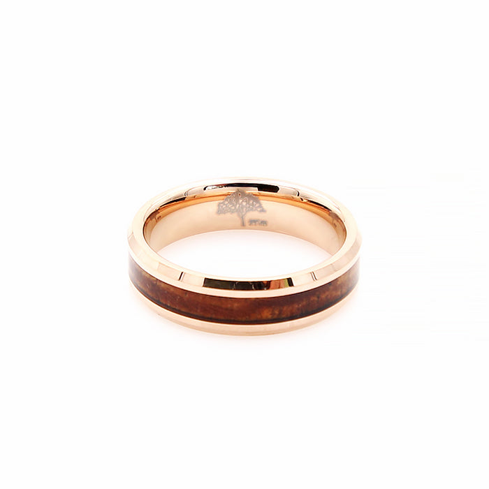 Koa Wood Rose Gold Tungsten Ring Beveled 6mm
