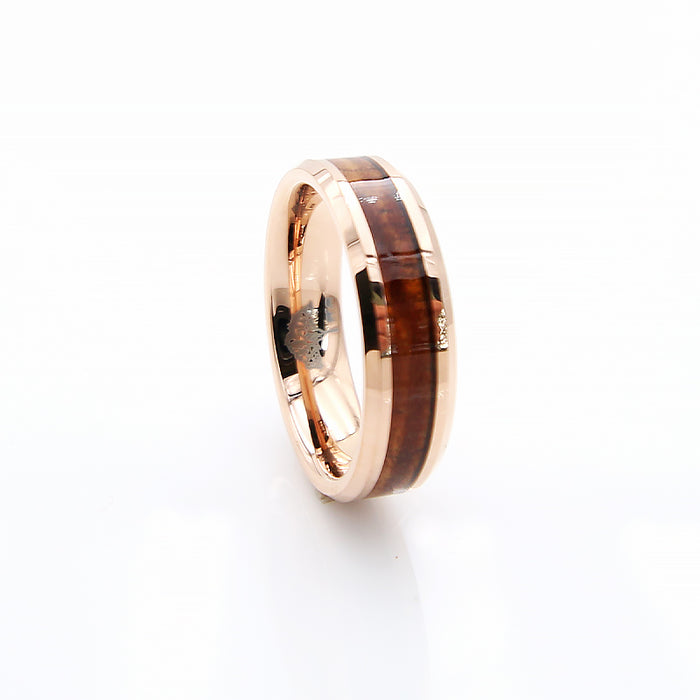 Koa Wood Rose Gold Tungsten Ring Beveled 6mm