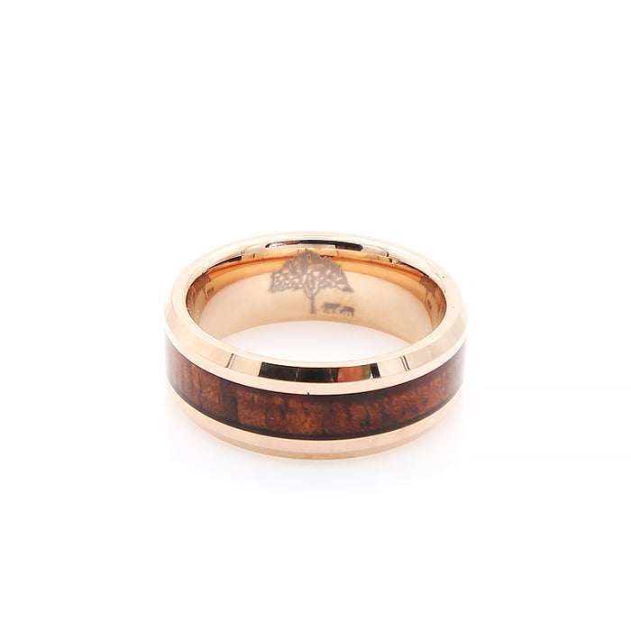 Koa Wood Rose Gold Tungsten Ring Beveled 8mm