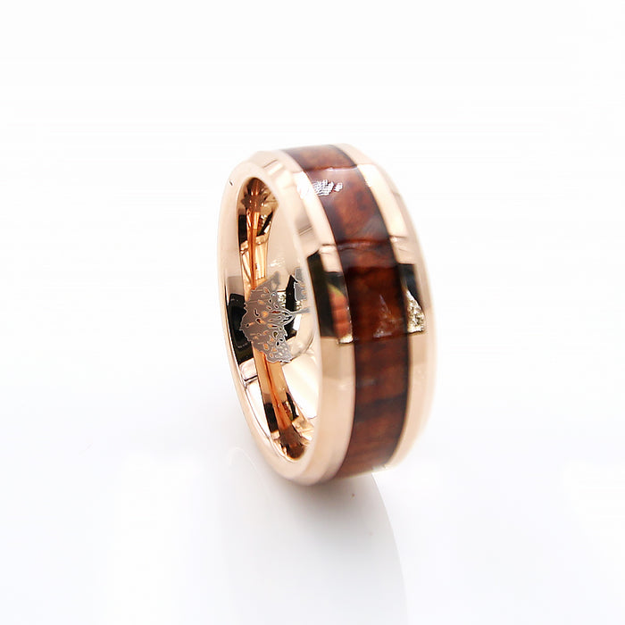 Koa Wood Rose Gold Tungsten Ring Beveled 8mm