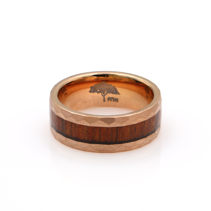 Koa Wood Rose Gold Tungsten Ring Faceted 8mm - Side View