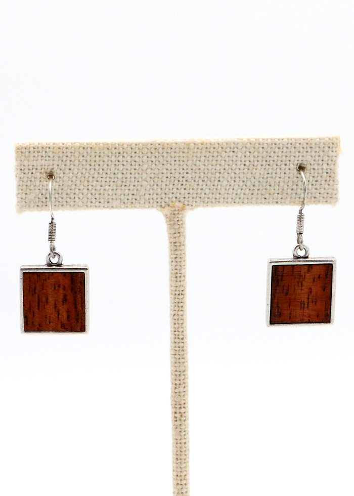 Koa Wood Square Pendant Earrings - Front View
