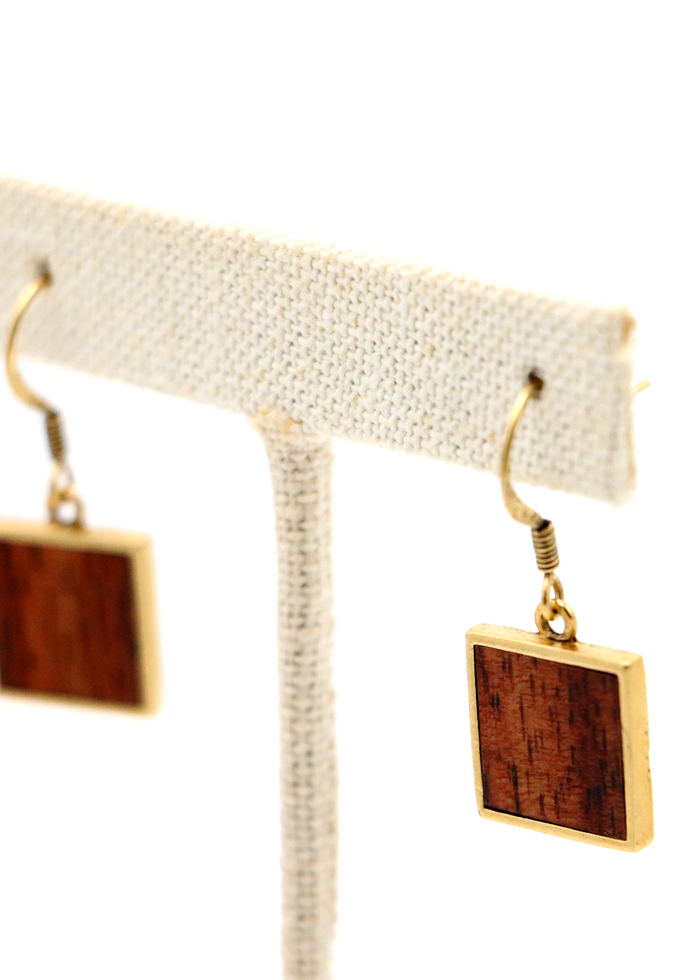 Koa Wood Square Pendant Earrings - Side View