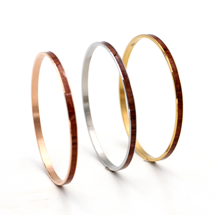 Koa Wood Stainless Steel Bangle - Gold, Rose Gold, and Silver - Angled View 1