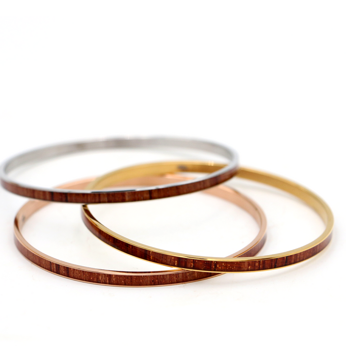 Koa Wood Stainless Steel Bangle - Gold, Rose Gold, and Silver - Angled View 2