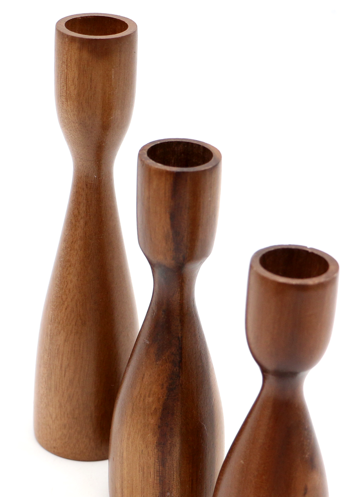 Koa Wood Taper Candle Holders - Set of Three - Close-Up