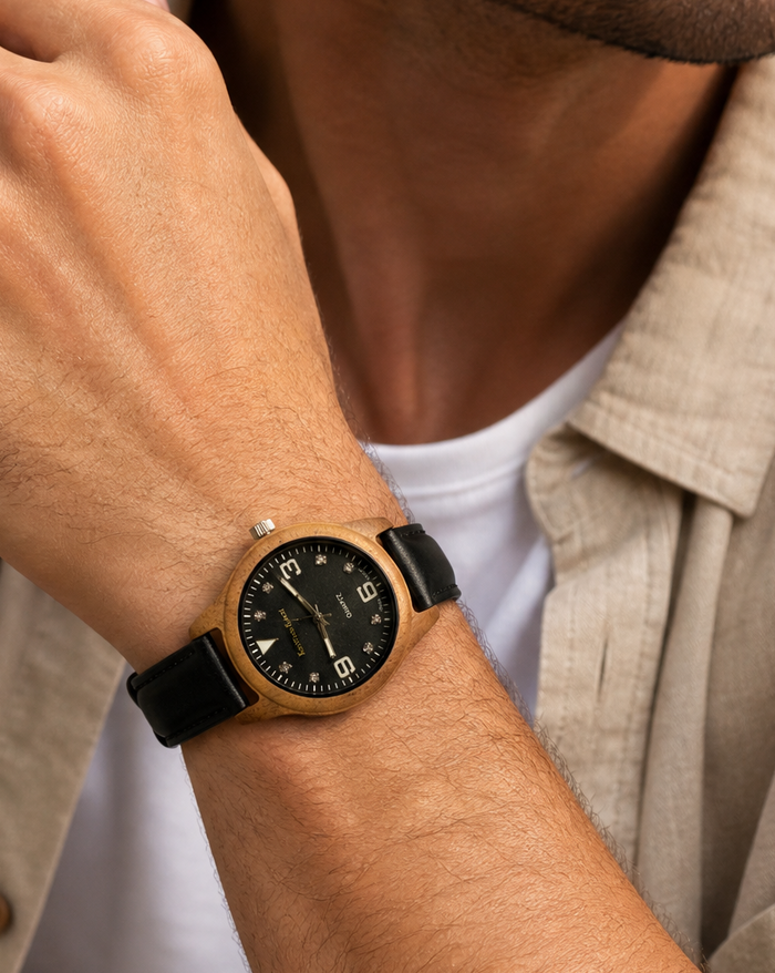 Kona - Hawaiian Koa and Leather Band Watch: Black