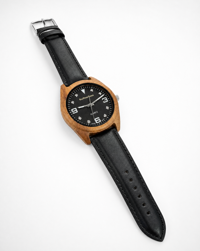 Kona - Hawaiian Koa and Leather Band Watch: Black