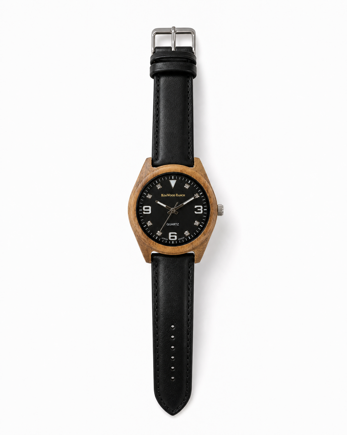 Kona - Hawaiian Koa and Leather Band Watch: Black - Bottom View