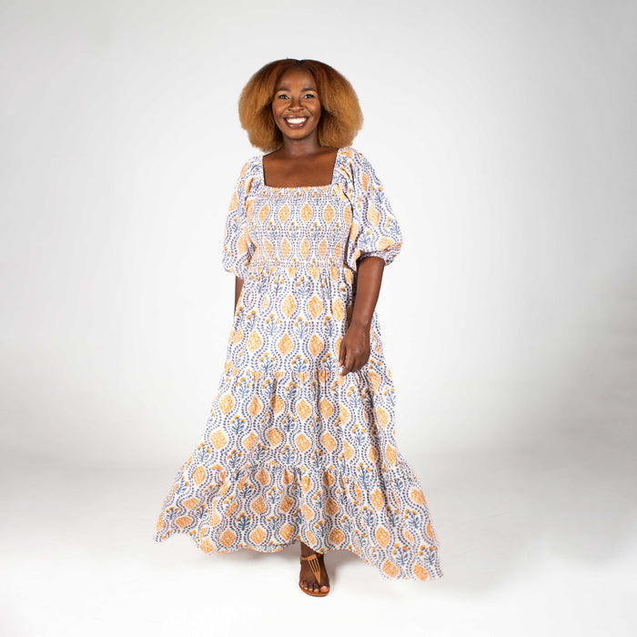 Ladies' Floral Smocking Dress - Stone