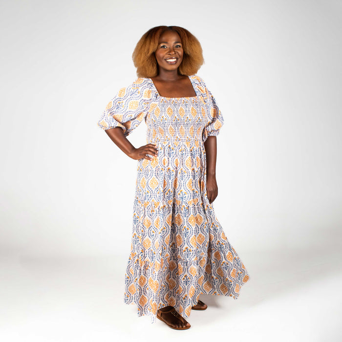 Ladies' Floral Smocking Dress - Stone
