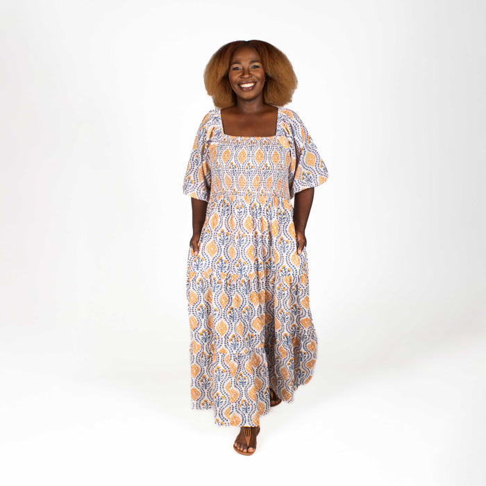 Ladies' Floral Smocking Dress - Stone