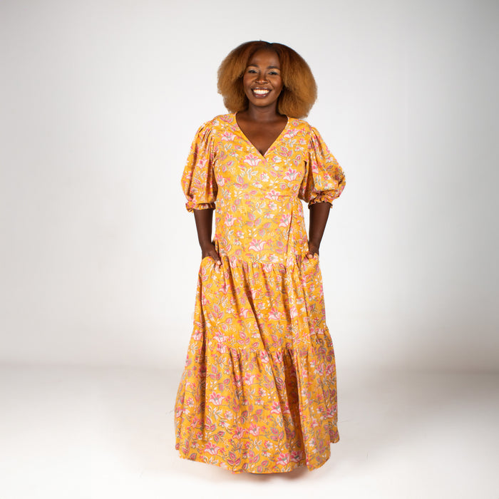 Ladies' Floral Wrap Dress - Yellow