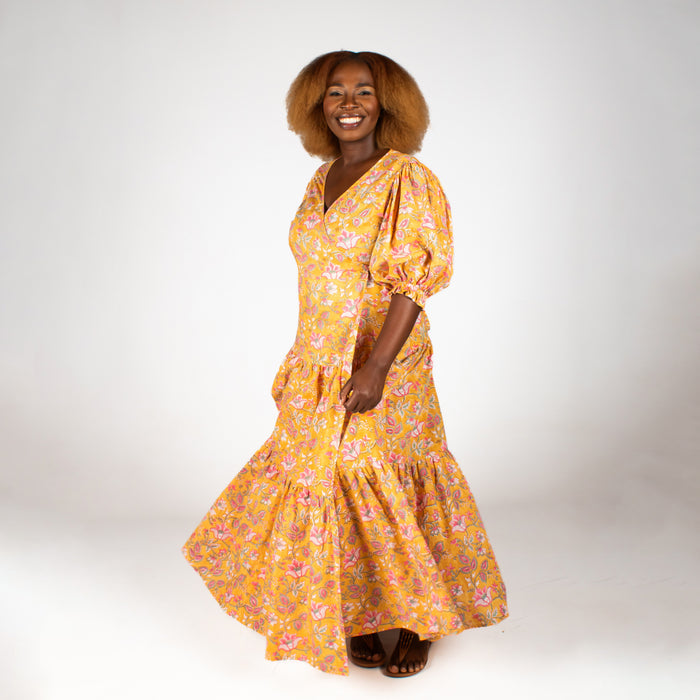 Ladies' Floral Wrap Dress - Yellow