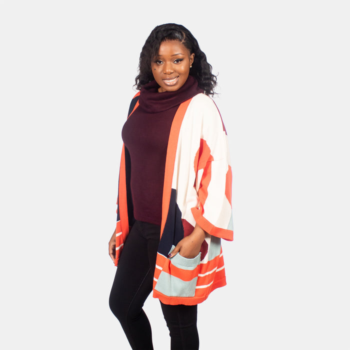 Ladies' Multi Stripe Cardi - Coral