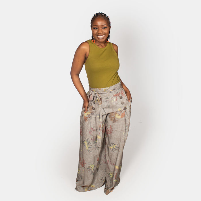 Ladies' Printed 6 Button Pants - Grey