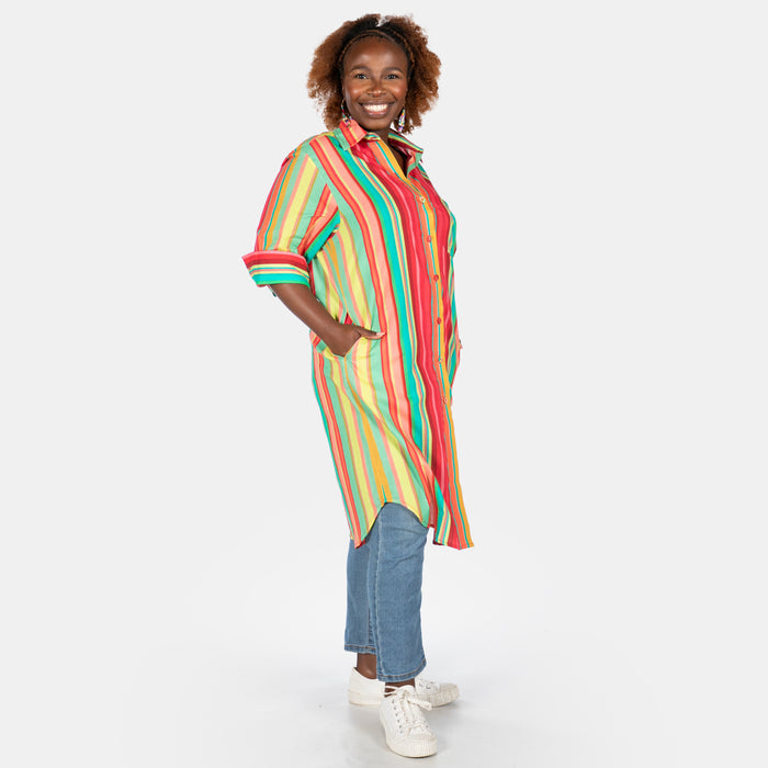 Ladies' Stripe Shirt Dress - Pink