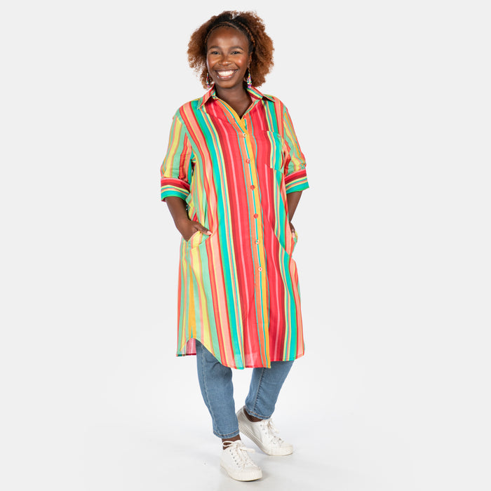Ladies' Stripe Shirt Dress - Pink