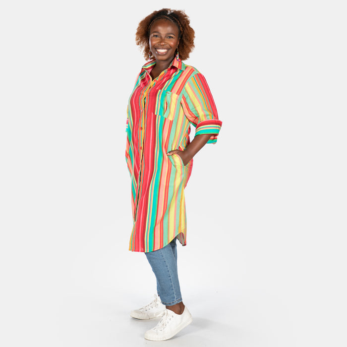 Ladies' Stripe Shirt Dress - Pink