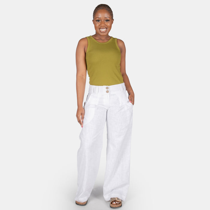 Ladies' Wide Fitted Linen Pants - White
