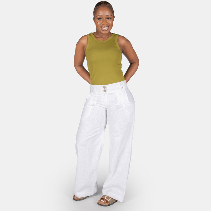 Ladies' Wide Fitted Linen Pants - White