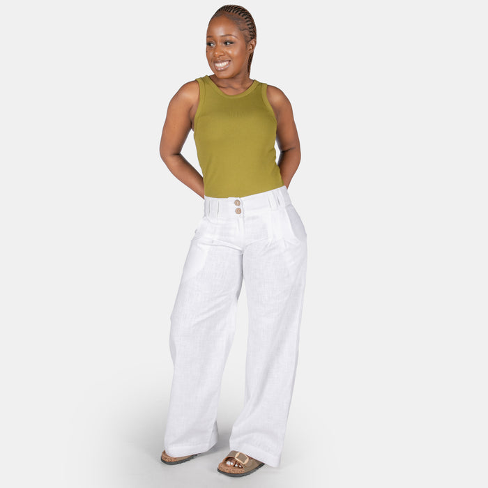 Ladies' Wide Fitted Linen Pants - White